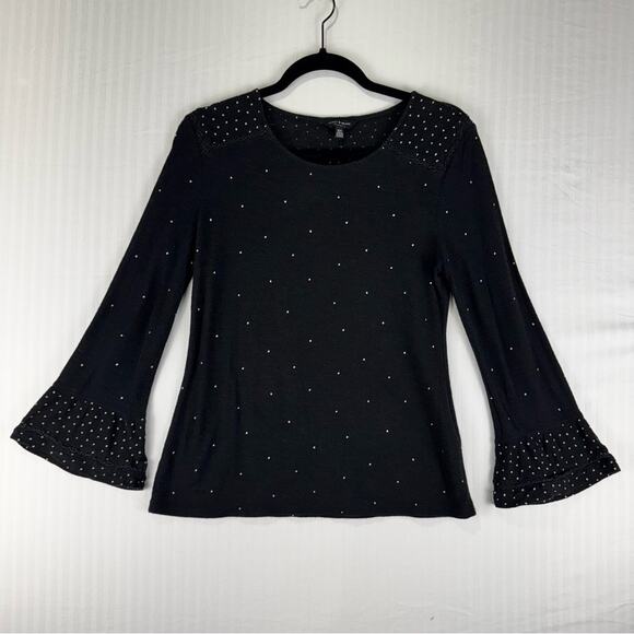 Lucky Brand Black Top White Polka Dots 3/4 Ruffle Bell-Sleeve Size Medium Boho - Picture 1 of 6